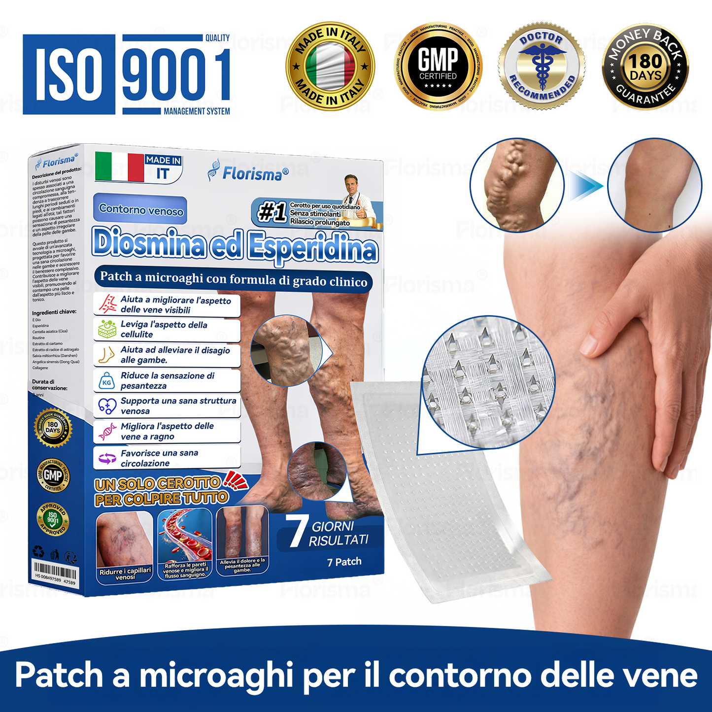 🛡️ 𝑭𝑳𝑶𝑹𝑰𝑺𝑴𝑨® 💕 Cerotto Microneedle di Grado Clinico (con Diosmina ed Esperidina) — Progettato specificamente per contrastare i capillari visibili e le vene varicose, aiutando al contempo ad alleviare la sensazione di gambe pesanti e affaticate. 👩‍⚕️